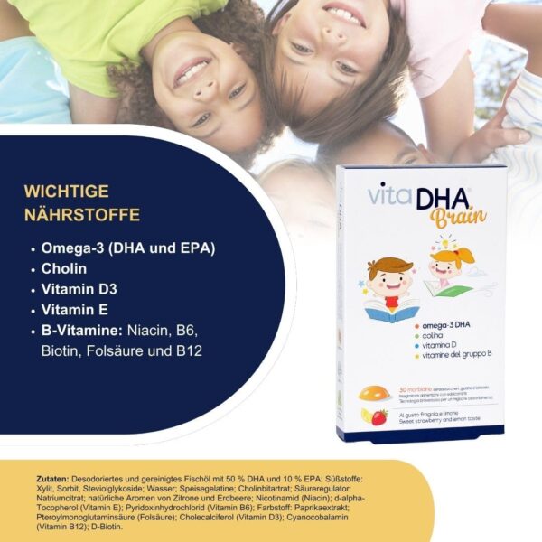 VitaDHA® Brain | Für Kinder | 250 mgOmega-3 DHA, Cholin und Vit.D und B| Für das Gehirn und das Immunsystem | Zuckerfrei | Angenehmer Erdbeer- und Zitronengeschmack | 30 Gelee – Bild 4