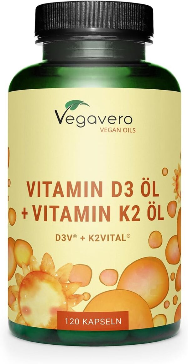 Vitamin D3 K2 Öl Kapseln | Laborgeprüft & Ohne Zusatzstoffe | mit MCT-Öl & V. E | Markenrohstoffe | 1000 IE >99% all-trans MK-7 | Vegan | Deutsche Produktion | Vegavero®