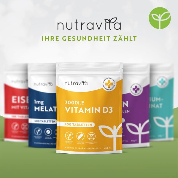 Vitamin D3 2000 I.E - 400 Tabletten (1+ Jahr) - Vegetarisch - Hochdosiert Sonnenvitamin für Immunsystem, Knochen, Zähne & Muskeln - Vitamin D Hochdosiert - Laborgeprüft Cholecalciferol - Nutravita – Bild 7