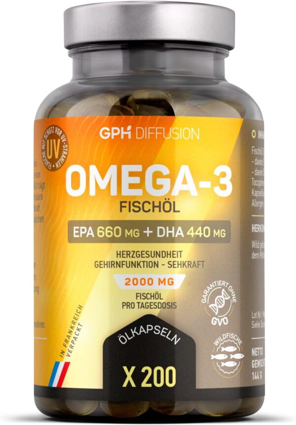 Omega 3 - Fischöl - 2000mg pro Tagesdosis - EPA : 660 mg/DHA : 440 mg - Herz-kreislauf system, Vision, Gehirnfunktion - 200 kapseln
