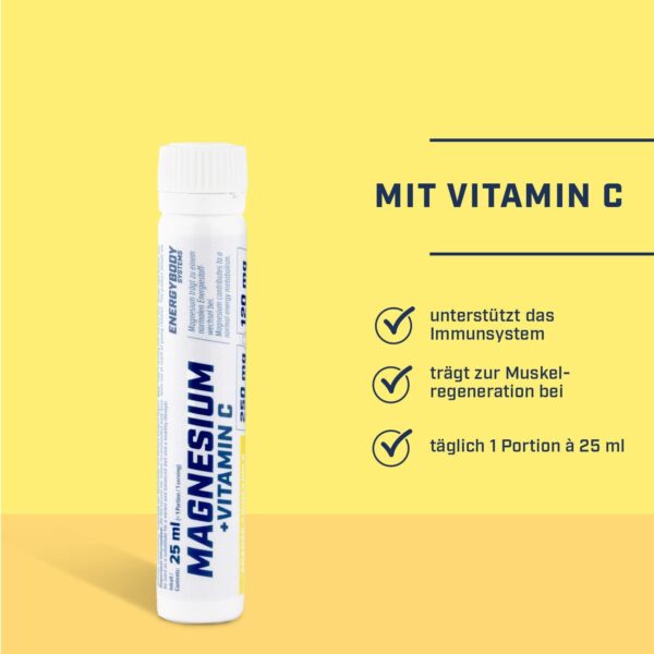 Energybody® Flüssig Magnesium Ampullen mit Vitamin C, 20x25ml / 250 mg Hochdosiertes Magnesium, 120 mg Vitamin C/Magnesium Shot mit Magnesiumcitrat - Ananas Geschmack – Bild 3