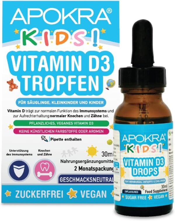 Vitamin D Tropfen Kinder | Veganes D3 Mit Hochwertigem MCT-Öl | immunsystem stärken kinder | 30ml | Zweimonatsbedarf | APOKRA KIDS