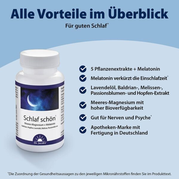 Schlaf schön¹ I für eine verkürzte Einschlafzeit¹ I mit Melatonin und natürlichem Magnesium aus dem Meer I mit 5 Pflanzenextrakten: Baldrian, Melisse, Passionsblume, Lavendel und Hopfen – Bild 2