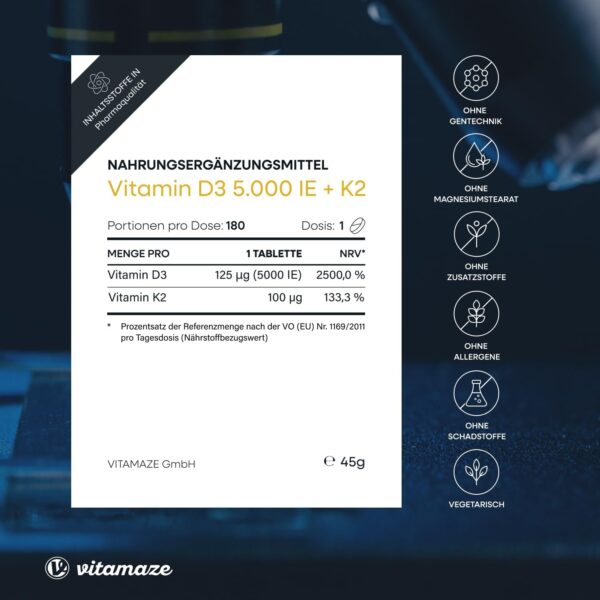 Vitamin D3 K2 5000 IE mit Vitamin K2 MK7 All Trans Form, 1+ Jahre Vorrat, 180 Tabletten Vitamin D ohne unnötige Zusatzstoffe, in Deutschland hergestellt – Bild 5