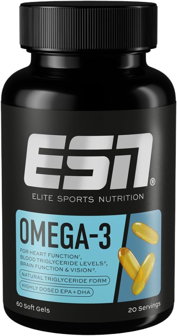 ESN Omega-3, 60 Kapseln, hochdosiertes EPA & DHA, unterstützt Herz, Gehirn & mehr, 1200 mg EPA & 900 mg DHA pro Portion, regelmäßig geprüft - made in Germany