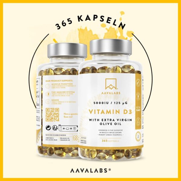 Vitamin D3 Hochdosiert Depot 5000 IU 365 Kapseln - Vitamin D3 5000 IE mit kaltgepresstem nativem Olivenöl Extra für optimale Absorption - Vitamin D Hochdosiert Ohne Gentechnik, glutenfrei, laktosefrei – Bild 4