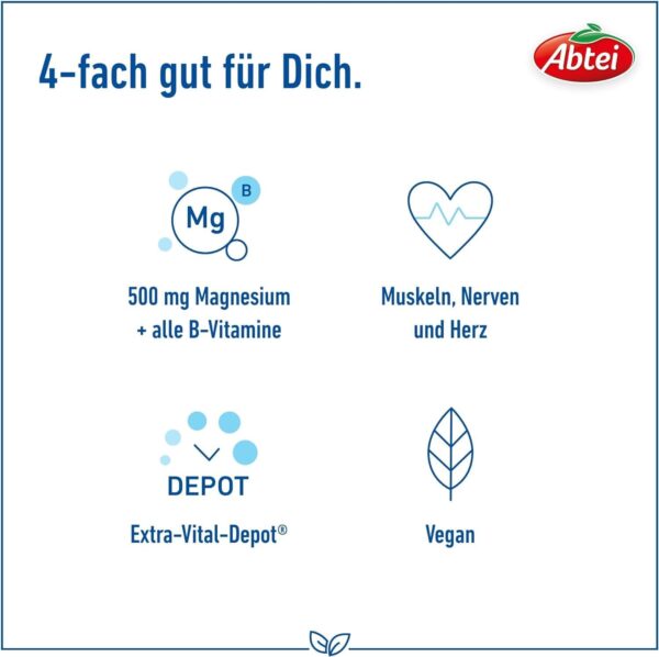 Abtei Magnesium 500 Plus Extra-Vital-Depot – Zur Unterstützung von Muskeln, Nerven, Herz – Mit 500mg Magnesium – Glutenfrei, Laktosefrei, Vegan – Vorratspackung – 126 Tabletten für 4 Monate – Bild 3