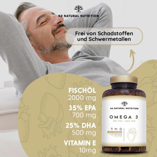 Omega 3 Kapseln Hochdosiert mit 2000 mg Fischöl mit 700mg EPA und 500 mg DHA, Fischöl mit Vitamin E und den Omega 3 Fettsäuren. 120 Softgel-Kapsel reines Seefischöl N2 Natural Nutrition – Bild 3