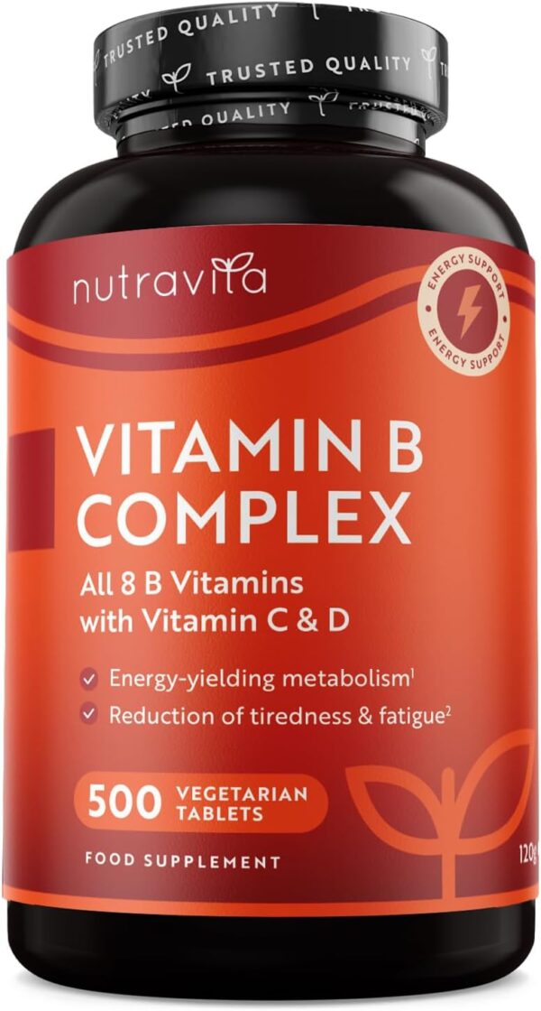 Vitamin B Komplex mit Vitamin C + D + Biotin - 500 Tabletten für +1 Jahr Vorat, Stoffwechsel, Psychische Funktion, Nervensystem (EFSA) - Nutravita