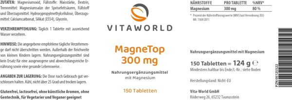 vitaworld Magnesium Magnetop 300 mg, 300 mg reines Magnesium pro Tablette, Vegan, 150 Tabletten – Bild 4