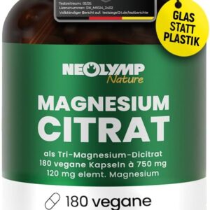 NEOLYMP Magnesiumcitrat Kapseln hochdosiert - 360mg elementares Magnesium pro Dosis - produziert in Deutschland - vegan, laborgeprüft & nachhaltiges Braunglas