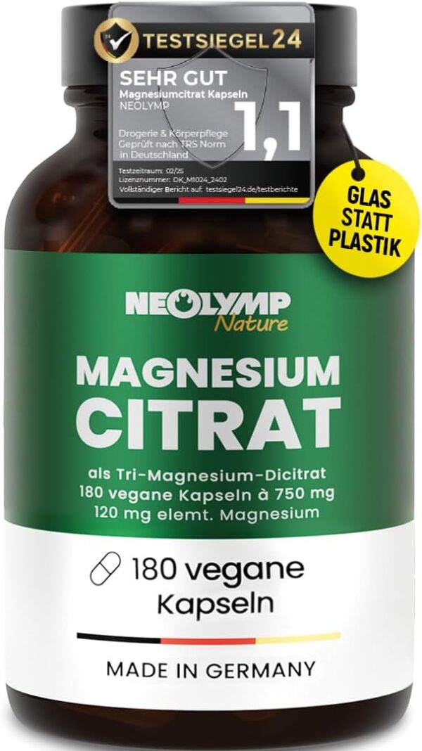 NEOLYMP Magnesiumcitrat Kapseln hochdosiert - 360mg elementares Magnesium pro Dosis - produziert in Deutschland - vegan, laborgeprüft & nachhaltiges Braunglas