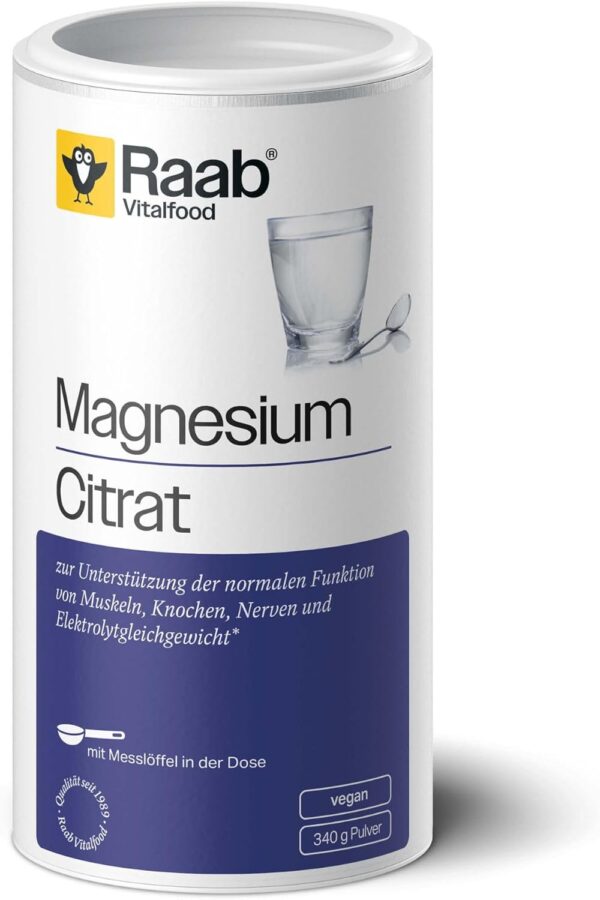 Raab Vitalfood® Magnesiumcitrat Pulver (340 g) - 100% Magnesiumcitrat ohne Zusätze, gut zu dosieren, ideal für Sportler - für Muskeln, Nerven, Elektrolyt-Haushalt - laborgeprüft, vegan