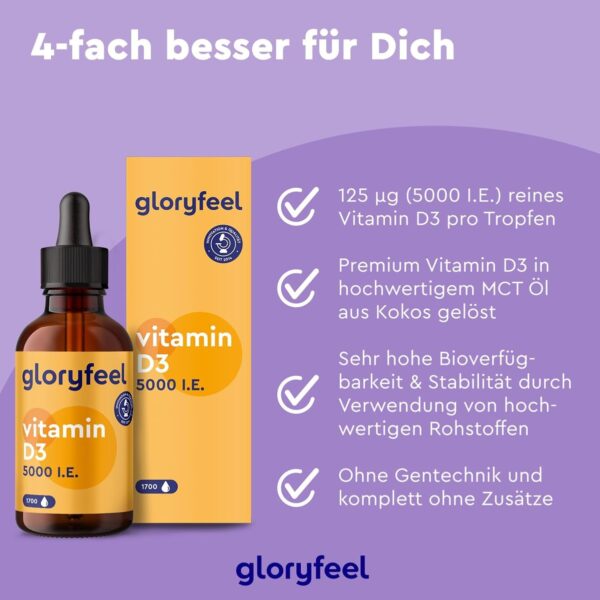 Vitamin D3 5000 I.E. pro Tropfen, Hochdosiert - 50ml (flüssig) in MCT-Öl aus Kokos - Vitamin D3 Tropfen hoch bioverfügbar und stabil - Laborgeprüft, ohne Zusätze in Deutschland hergestellt – Bild 3