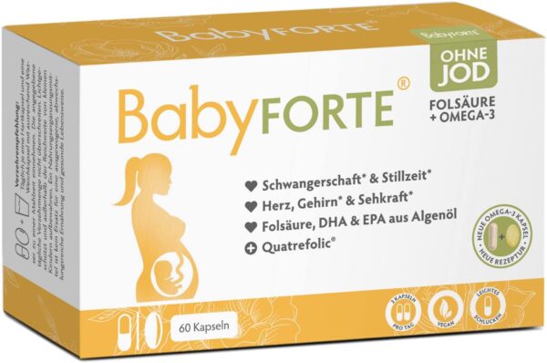 BabyFORTE® Folsäure ohne Jod + Omega-3 vegan mit Algenöl | 17 Schwangerschaftsvitamine ohne Jod + Quatrefolic® | 60 Kapseln | ab 1. Trimester