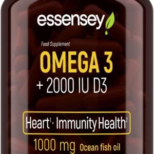 ESSENSEY - Omega 3 2000 UI I 1000mg Fischöl pro Kapsel I 90 Kapseln I Vitamin D3 I mit EPA und DHA (in Triglycerid-Form) I 90 Tagesdosen I Leicht zu schlucken I Laborgeprüft
