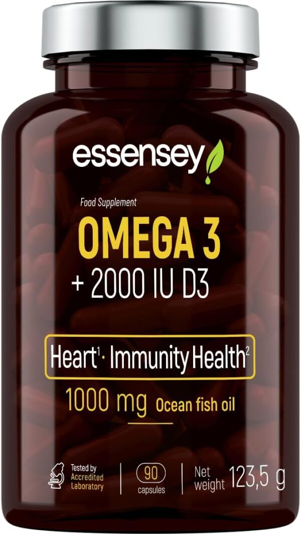 ESSENSEY - Omega 3 2000 UI I 1000mg Fischöl pro Kapsel I 90 Kapseln I Vitamin D3 I mit EPA und DHA (in Triglycerid-Form) I 90 Tagesdosen I Leicht zu schlucken I Laborgeprüft