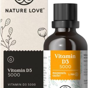 NATURE LOVE® Vitamin D3 5000 (50ml flüssig) - Laborgeprüfte 5000 I.E. pro Tropfen - in MCT-Öl aus Kokos - Vitamin D hochdosiert - hoch bioverfügbar, sehr hohe Stabilität - in Deutschland produziert