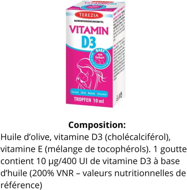 Vitamin D3 Tropfen für Babys & Kinder - 400 IU, 10ml für 220 Tage - Vitamin D Tropfen gut für Immunsystem, Knochen, Zähne, Muskeln - D3 Tropfen sind auch geeignet für Schwangere und stillende Mutter – Bild 8