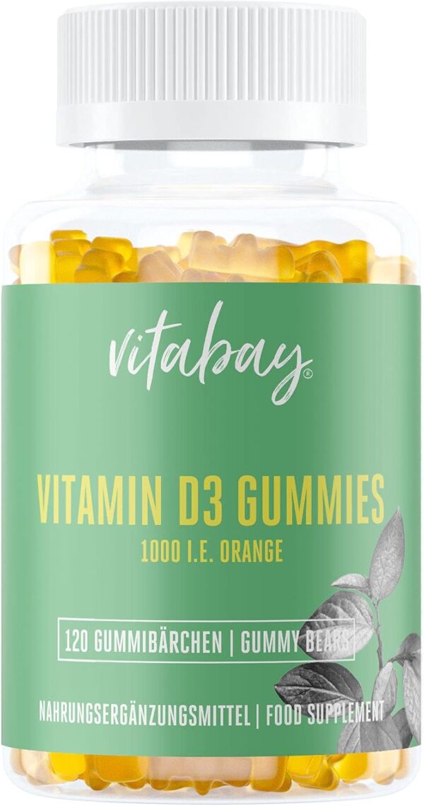 Vitabay Vitamin D3 Gummies 1000 IE | 120 vegane Gummibärchen für Kinder mit Orangengeschmack | Ohne Gelatine | Aus Flechten gewonnen | Laborgeprüft & hergestellt aus hochwertigen Rohstoffen
