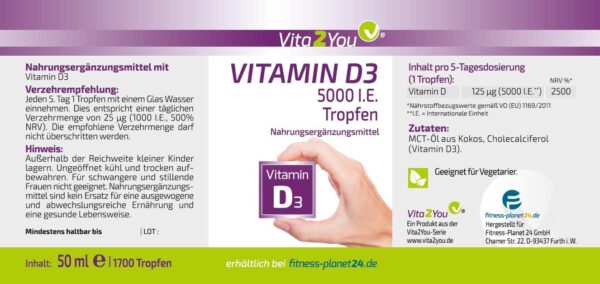Vita2You Vitamin D3 5000 IE flüssig 50ml - (5.000 IE pro Tropfen) - Hochdosiert - 1700 vegetarische Tropfen - Vitamin D (Cholecalciferol) - Hohe Bioverfügbarkeit durch MCT-Öl - Premium Qualität – Bild 2