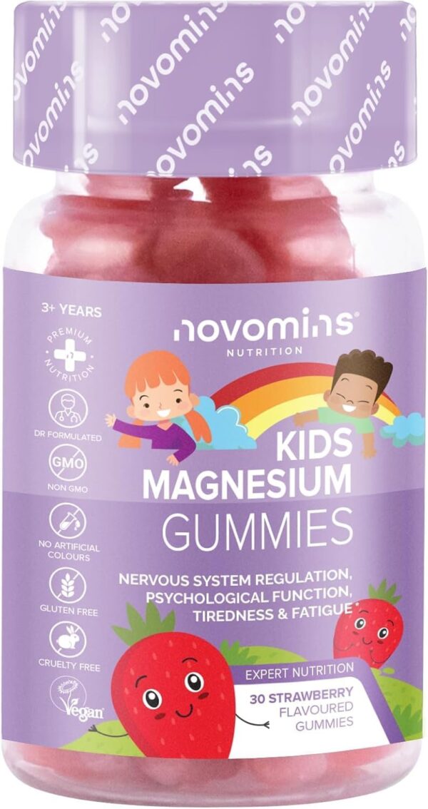 Magnesium Gummibärchen für Kinder – Vegan – 1 Monatsvorrat – Kaubarer Magnesium Komplex für Kinder – 30 Kaubare Vitamine Kinder – 455 mg Magnesiumcitrat mit 50 mg Magnesium – von Novomins