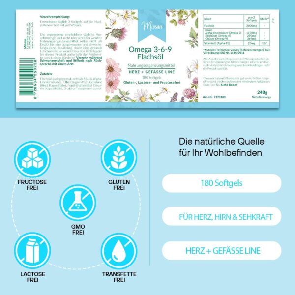 Omega 3-6-9 - HERZ + GEFÄSSE LINE - 180 Softgels - Hochdosiert - 100% Vegan – 1100mg Omega-3 pro Tag –Herstellung & Laborprüfung in Deutschland | MIOSAN® CLUB - Exklusives Wohlbefinden – Bild 3
