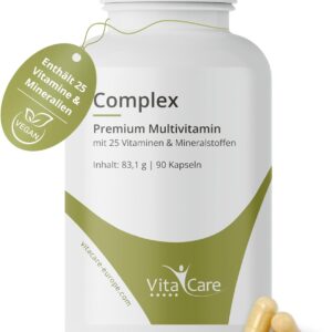 VitaCare Complex, 90 Kapseln hochdosiertes Multivitamin-Präparat, mit 25 Vitaminen & Mineralien, Nahrungsergänzungsmittel zuckerfrei & laktosefrei