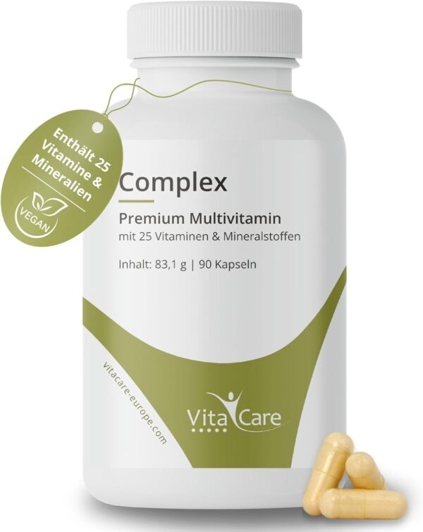 VitaCare Complex, 90 Kapseln hochdosiertes Multivitamin-Präparat, mit 25 Vitaminen & Mineralien, Nahrungsergänzungsmittel zuckerfrei & laktosefrei