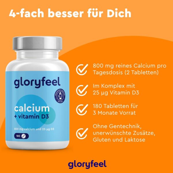 Calcium Tabletten 800 mg + Vitamin D3 1000 I.E. - Kalzium aus Calciumcarbonat Hochdosiert - D3 zur Unterstützung der Calcium-Aufnahme* - 180 Tabletten für 3 Monate - Laborgeprüft, ohne Zusätze – Bild 3