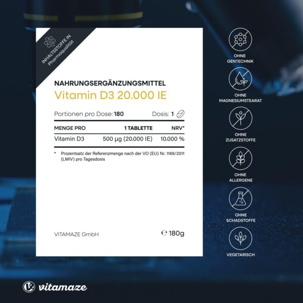 Vitamin D3 hochdosiert 20000 IE pro Tablette (20-Tage Dosis), 180 vegetarische Tabletten (teilbar), Natürliche Nahrungsergänzung ohne Zusatzstoffe, Made in Germany – Bild 5
