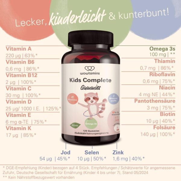 wowtamins Kids Complete - Vegane Multivitamin Gummies mit Omega 3 (30-Tage-Vorrat) - Vitamine für Kinder - Nahrungsergänzungsmittel für das Immunsystem mit Vitamin C, D3, B12, Zink & mehr – Bild 5