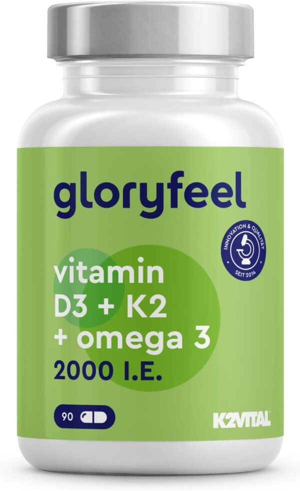 Vitamin D3 K2 Omega 3 - Premium: K2VITAL® von Kappa - 99,7+% All-Trans Vitamin K2 MK7 - Omega 3 aus 1000mg Fischöl (Triglycerid Form) + 2.000IE hochbioverfügbares D3 - Sorgfältig laborgeprüft