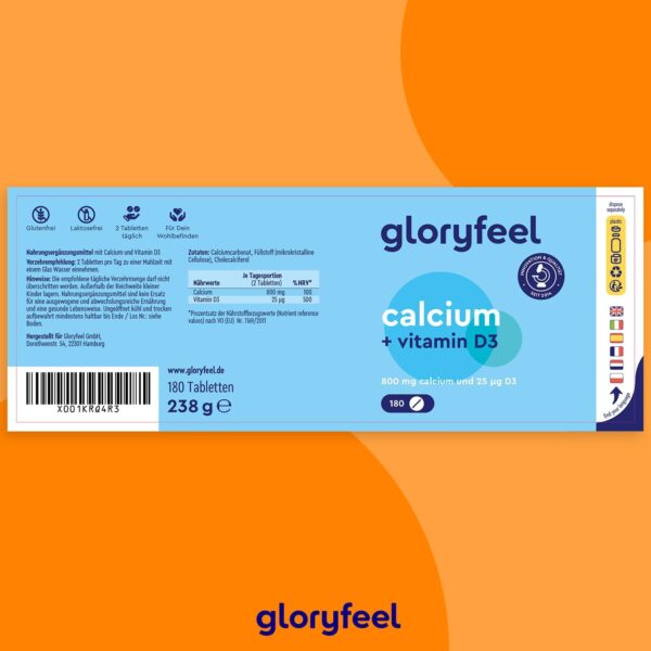 Calcium Tabletten 800 mg + Vitamin D3 1000 I.E. - Kalzium aus Calciumcarbonat Hochdosiert - D3 zur Unterstützung der Calcium-Aufnahme* - 180 Tabletten für 3 Monate - Laborgeprüft, ohne Zusätze – Bild 2