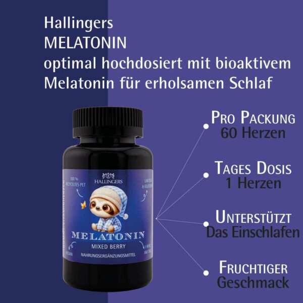 Hallingers Melatonin Kinder - Vitaminherzen Mixed Berry 60 vegane Gummies mit Melatonin hochdosiert, 0,5 mg pro Herz (Dose) - Ostergeschenke Osterkörbchen Ostereier & als Osterdeko | Geburtstag Glückw – Bild 4