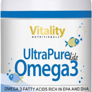 Omega 3 für Kinder mit DHA + EPA, Vitamin D & Vitamin E, Kautabletten mit Fruchtgeschmack (120 Stk), UltraPure Omega 3 Kids Fischöl Kapseln Vitality Nutritionals by VitaminExpress