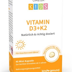 Vitamin D3+K2 für Kinder – zuckerfrei – 800 IE Vitamin D3 – mit 25 µg Vitamin K2 und 194 mg Omega-3 – 45 Mini-Kapseln (1,5 Monate)