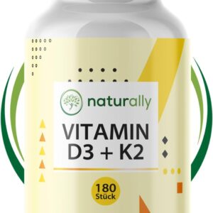 naturally Vitamin D3 K2 Tabletten [180 Stück] – hochdosiert, 5000 I.E. Vitamin D pro Tablette, vegan, ohne Zusätze,