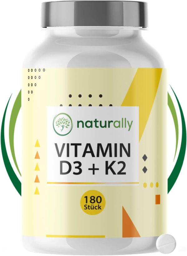 naturally Vitamin D3 K2 Tabletten [180 Stück] – hochdosiert, 5000 I.E. Vitamin D pro Tablette, vegan, ohne Zusätze,
