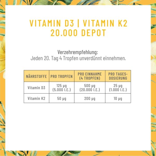 NATURTREU® Vitamin D3 K2 Tropfen hochdosiert & vegan - 20.000 I.E Vitamin D3 + Vitamin K2 MK7 200 mcg pro Dosis (Depot) – Bild 4