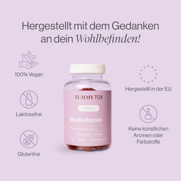 Multivitamin Gummies - Gummibärchen mit Biotin, Folsäure, Vitamin C, Vitamin E und 6 weitere Mikronährstoffe enthalten - 120 Gummies mit natürlichem Erdbeergeschmack - TummyTox – Bild 4