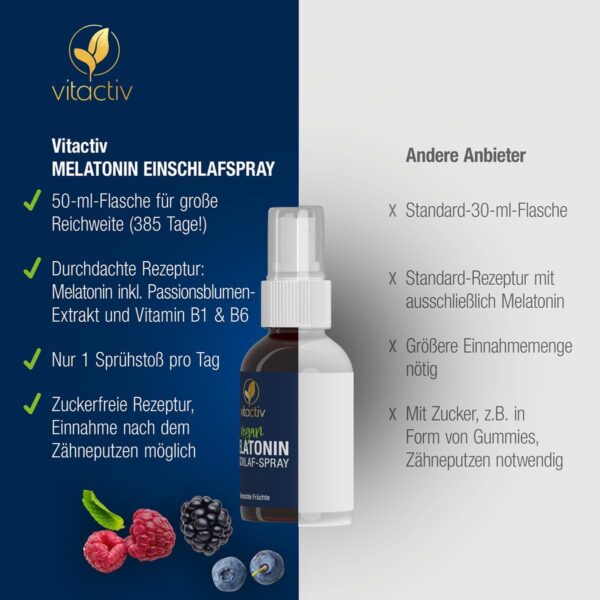 VITACTIV Melatonin Spray Hochdosiert 50ml – 0,5 mg Melatonin pro Tagesdosis - 385 Tage Vorrat, Zuckerfrei & Vegan - plus Passionsblumen Extrakt, Vitamine B1 und B6 - Sofort-Spray Gemischte Früchte – Bild 5