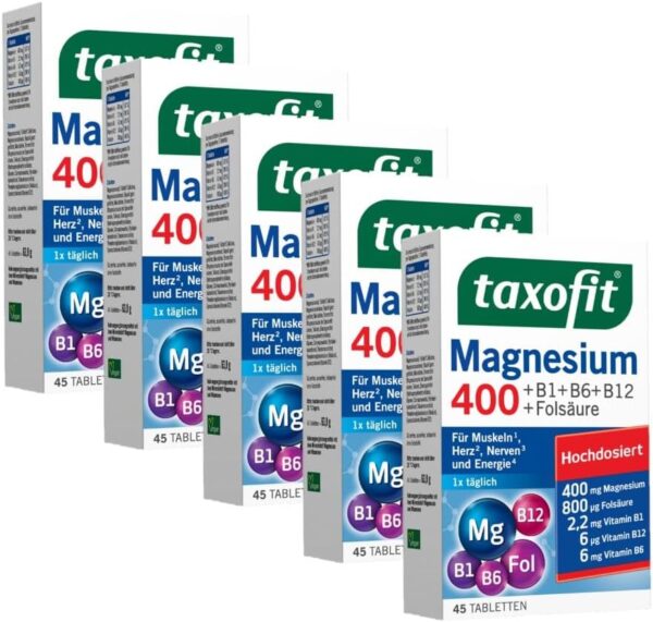 taxofit® Magnesium 400 Tabletten für Muskeln, Herz, Nerven, Energiestoffwechsel & Blutbildung | hochdosiert | vegan | Nahrungsergänzungsmittel mit Magnesium, B-Vitaminen & Folsäure | 5 x 45 Tabletten