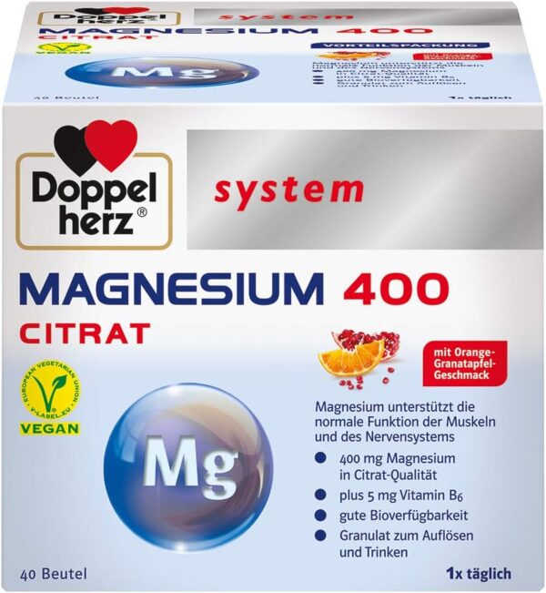 Doppelherz system MAGNESIUM 400 CITRAT – Magnesium als Beitrag für die normale Funktion der Muskeln und des Nervensystems – 40 Portionsbeutel