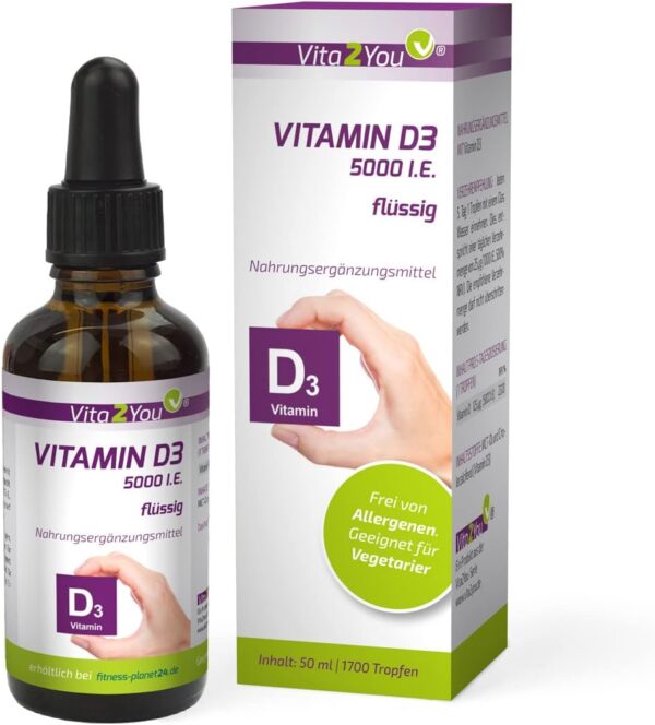 Vita2You Vitamin D3 5000 IE flüssig 50ml - (5.000 IE pro Tropfen) - Hochdosiert - 1700 vegetarische Tropfen - Vitamin D (Cholecalciferol) - Hohe Bioverfügbarkeit durch MCT-Öl - Premium Qualität