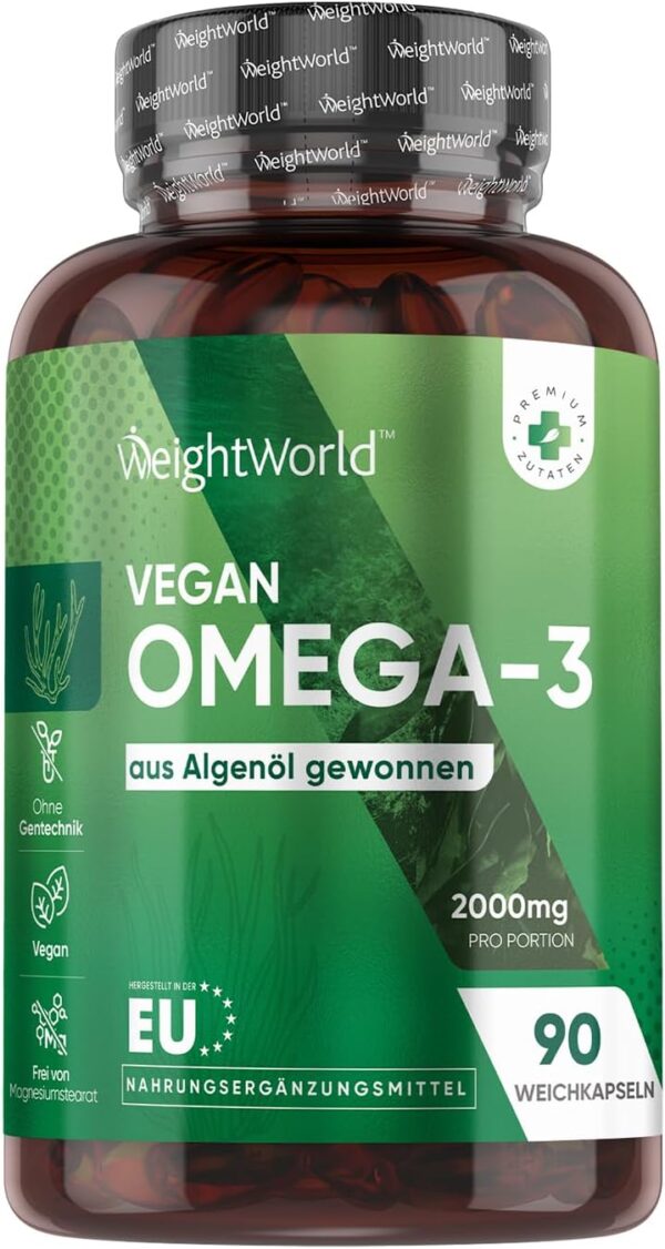 Vegane Omega 3 Kapseln - 2000mg Algenöl liefern 600mg DHA & 300mg EPA pro Tag - 90 Softgels - Frei von Magnesiumstearat & Glutenfrei - WeightWorld
