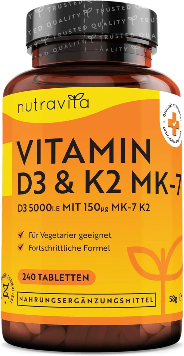 Vitamin D3 & K2 Tabletten - 240 Hochdosierte Tabletten - Premium Sonnenvitamine für Gesunde Knochen, Muskeln und Immunsystem - Vegetarisch - Hergestellt von Nutravita