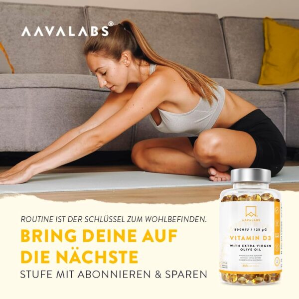 Vitamin D3 Hochdosiert Depot 5000 IU 365 Kapseln - Vitamin D3 5000 IE mit kaltgepresstem nativem Olivenöl Extra für optimale Absorption - Vitamin D Hochdosiert Ohne Gentechnik, glutenfrei, laktosefrei – Bild 7