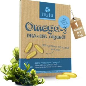 Omega 3 Vegan Algenöl – Hochdosiert 325mg DHA + 150mg EPA pro Kapsel - Nur 1 Kapsel pro Tag - Unterstützt Herz, Gehirn und Augen - Pflanzliches Omega 3 aus Algenöl - 60 Kapseln