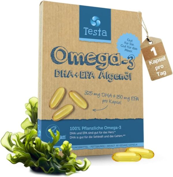 Omega 3 Vegan Algenöl – Hochdosiert 325mg DHA + 150mg EPA pro Kapsel - Nur 1 Kapsel pro Tag - Unterstützt Herz, Gehirn und Augen - Pflanzliches Omega 3 aus Algenöl - 60 Kapseln